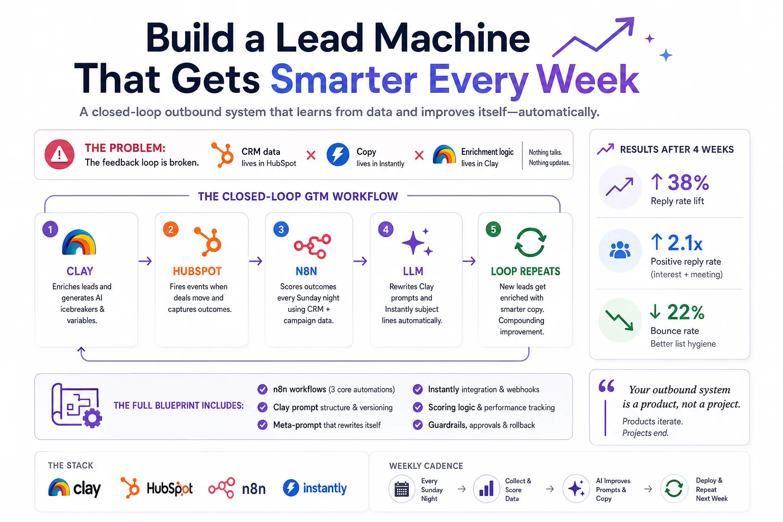 Infographic: closed-loop outbound stack — Clay, HubSpot, n8n, LLM, and Instantly with weekly scoring and self-improving prompts