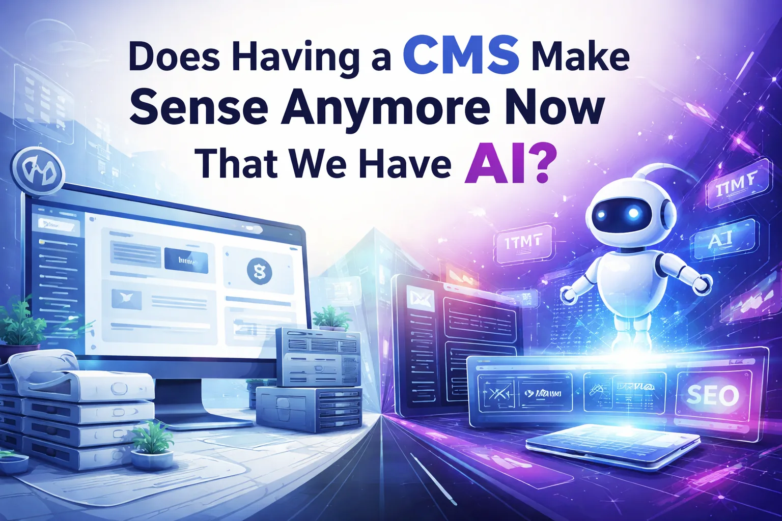 Traditional CMS workspace versus AI-driven development — split hero illustration