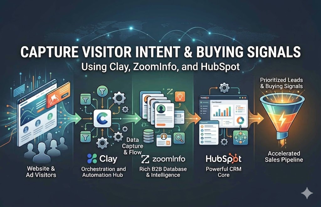 Pipeline diagram: website visitors through Clay, ZoomInfo, and HubSpot to prioritized leads and buying signals